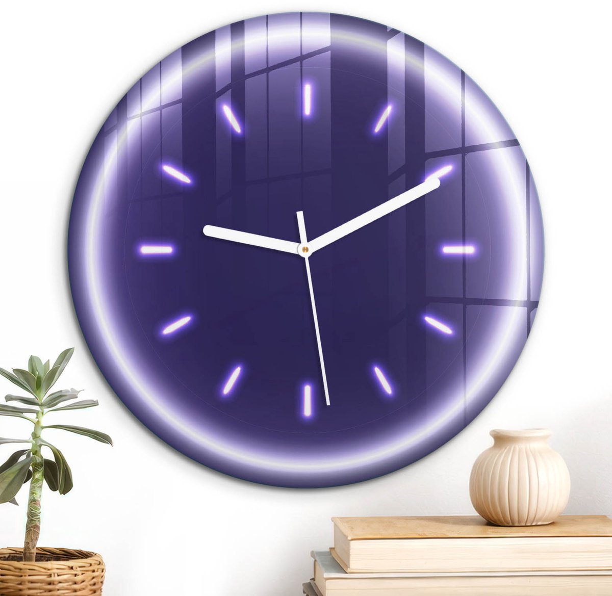 ArtPrintCave Paars Glazen Klok - Wandklok 30 cm - Muurklok Rond - Neonklok Stille Wandklok - Geometrie Wandklok Keuken - Witte Klokwijzers