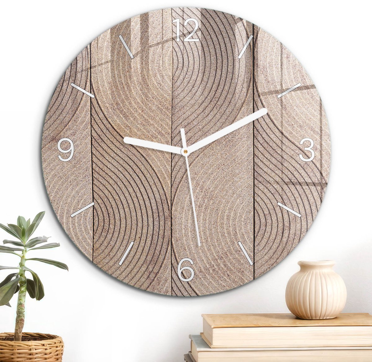 ArtPrintCave Beige Glazen Klok - Wandklok 30 cm - Muurklok Rond - Geometrische Golven Unieke Klok - Achtergronden En Patronen Stille Wandklok - Witte Klokwijzers