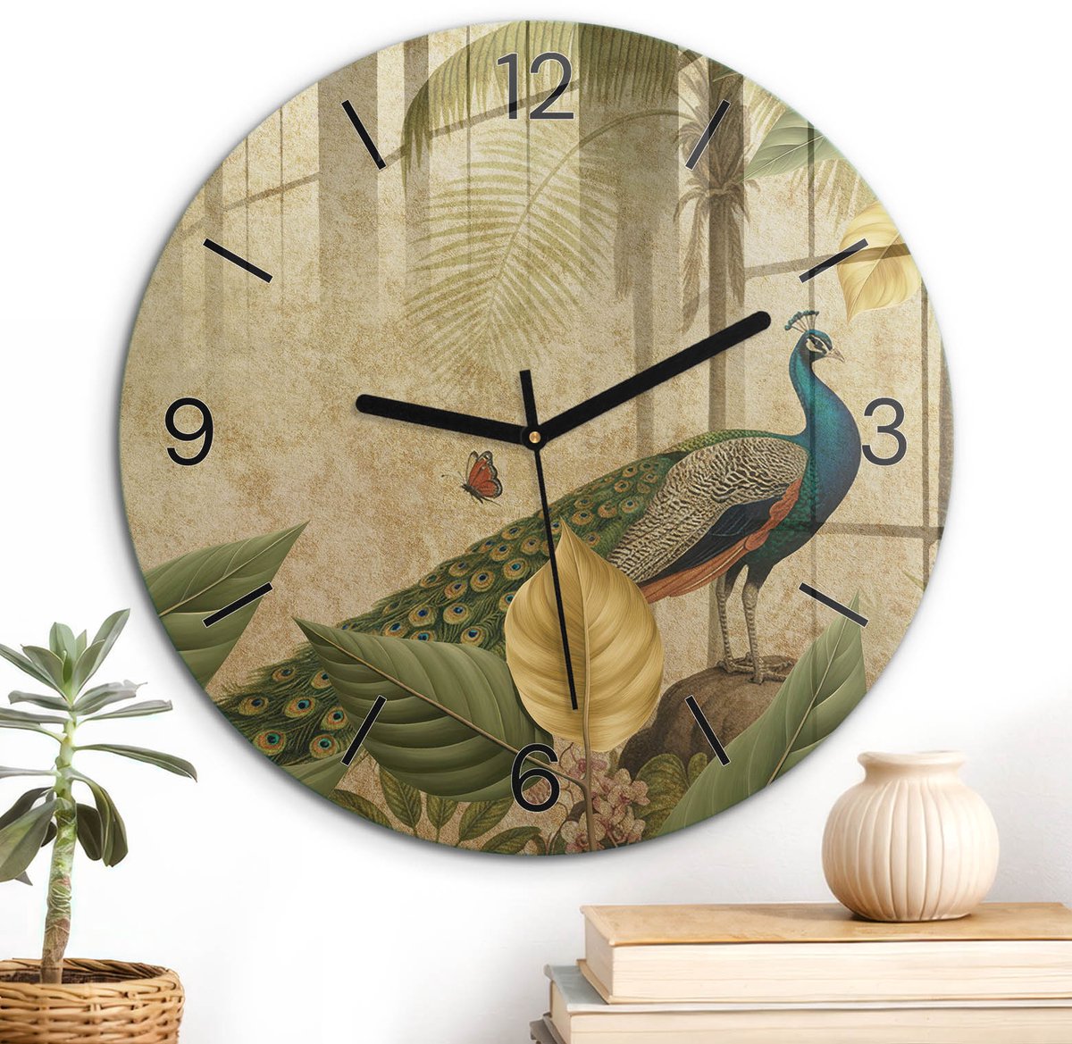 ArtPrintCave Groene Glazen Klok - Wandklok 30 cm - Muurklok Rond - Koningsvogel Unieke Klok - Dieren Stille Wandklok - Zwarte Klokwijzers