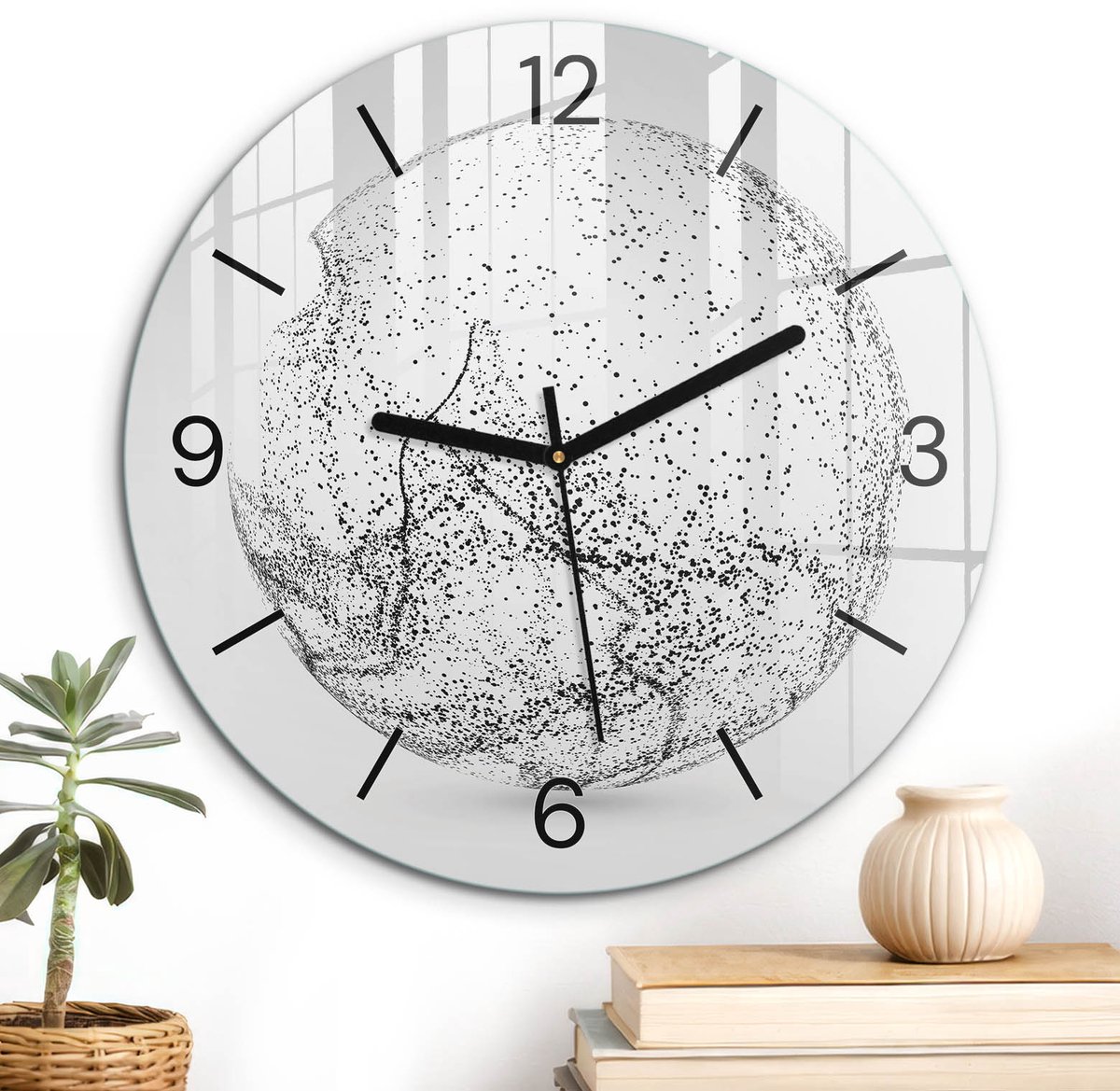 ArtPrintCave Zwart-wit Glazen Klok - Wandklok 30 cm - Muurklok Rond - Lichtabstractie Wandklok Keuken - Kunst Unieke Klok - Zwarte Klokwijzers