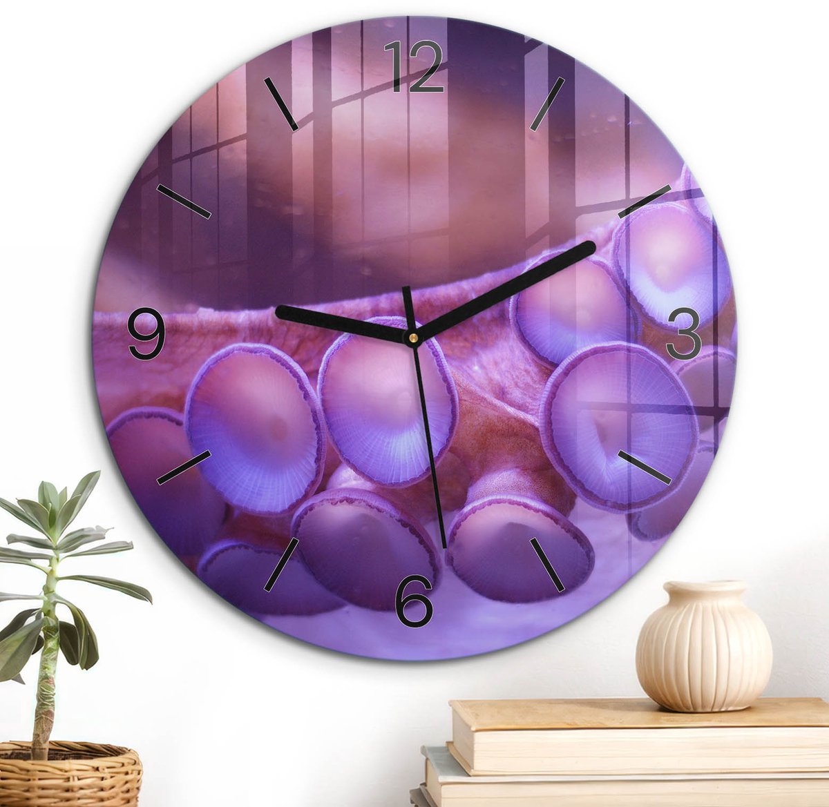 ArtPrintCave Paars Glazen Klok - Wandklok 30 cm - Muurklok Rond - Zeetextuur Stille Wandklok - Abstractie Wandklok Keuken - Zwarte Klokwijzers