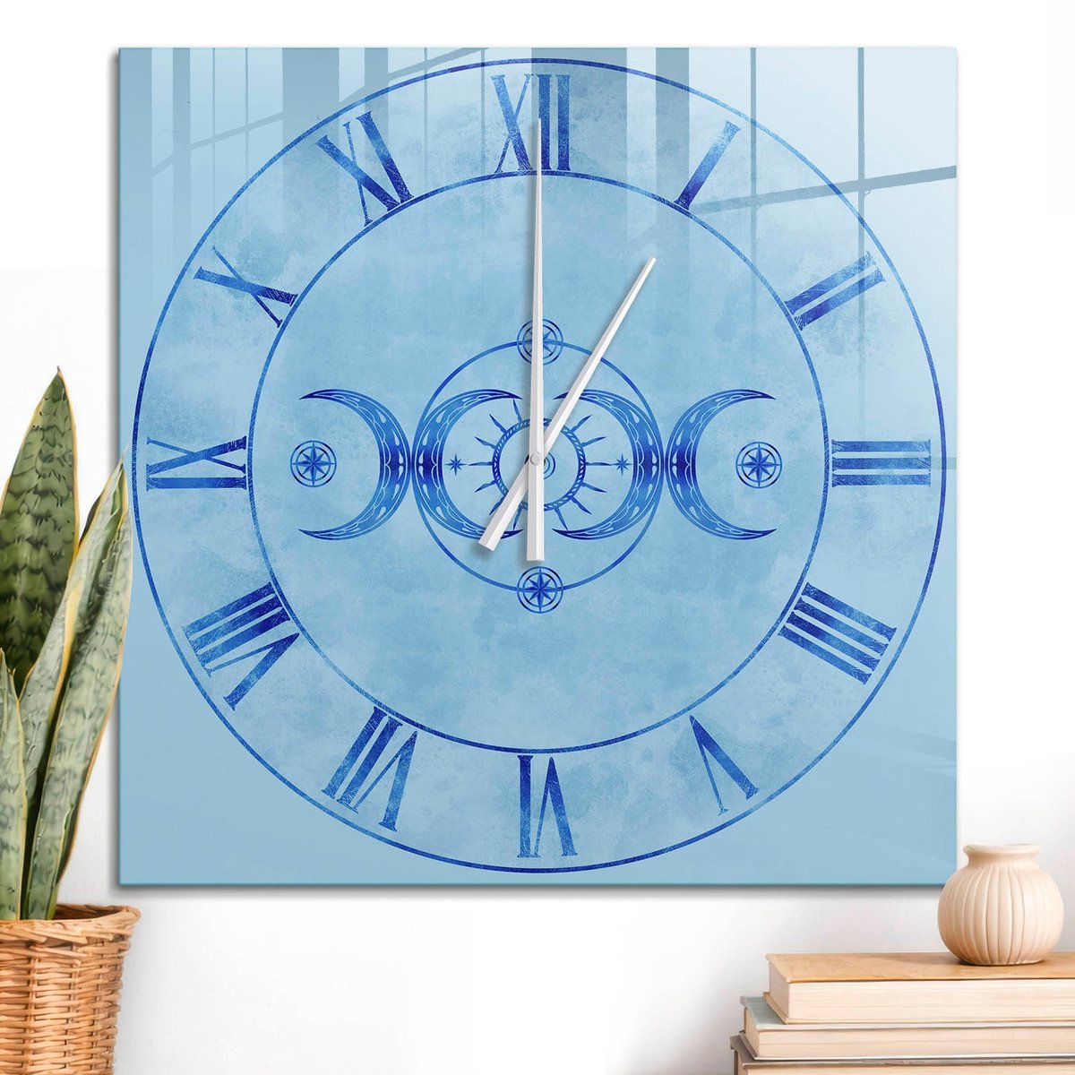 ArtPrintCave Blauw Glazen Klok - 60x60 cm - Wandklok Vierkant - Astronomische Klok Unieke Klok - Kunst Stille Wandklok - Witte Klokwijzers