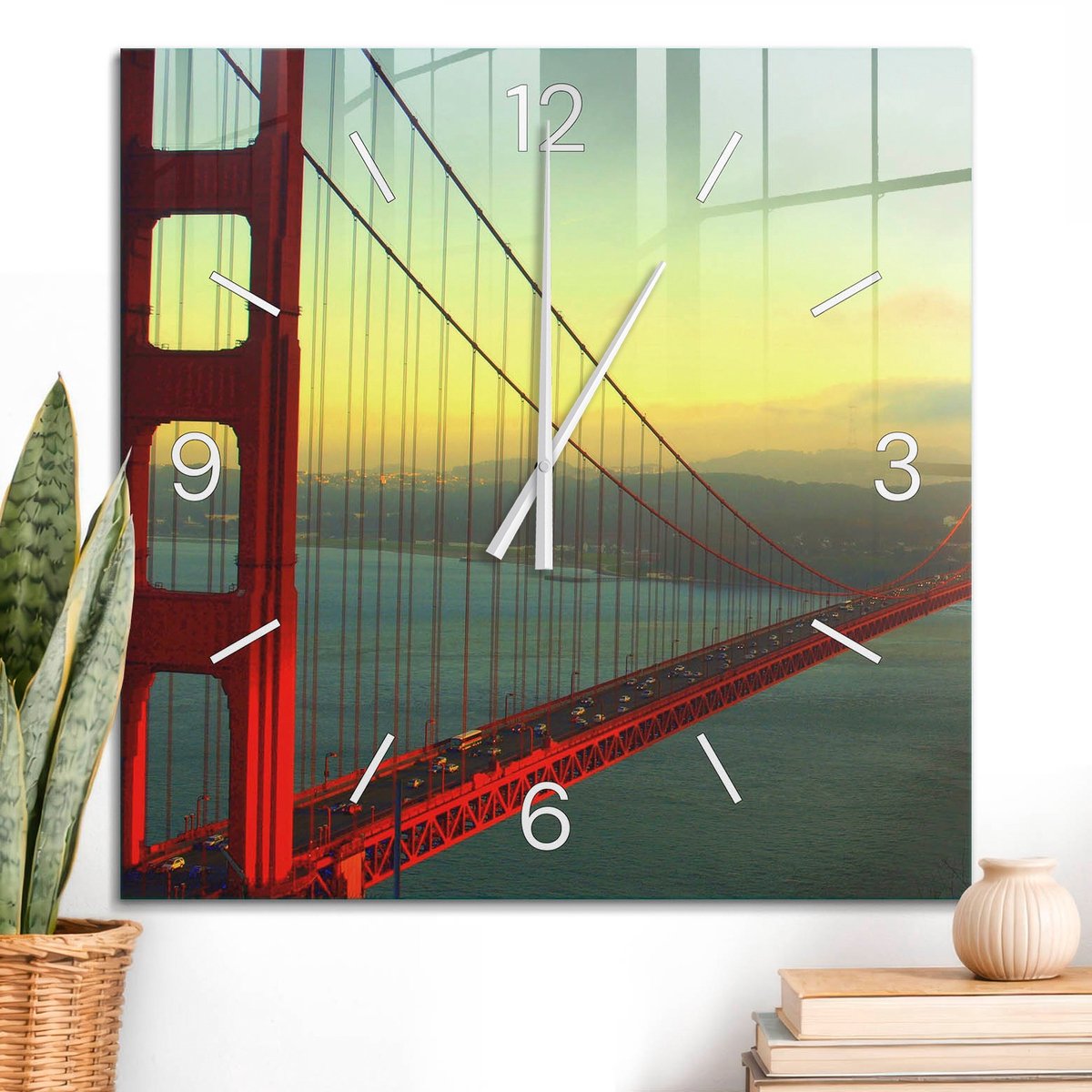 ArtPrintCave Oranje Glazen Klok - 60x60 cm - Wandklok Vierkant - Westbrug Unieke Klok - Landschappen Stille Wandklok - Witte Klokwijzers