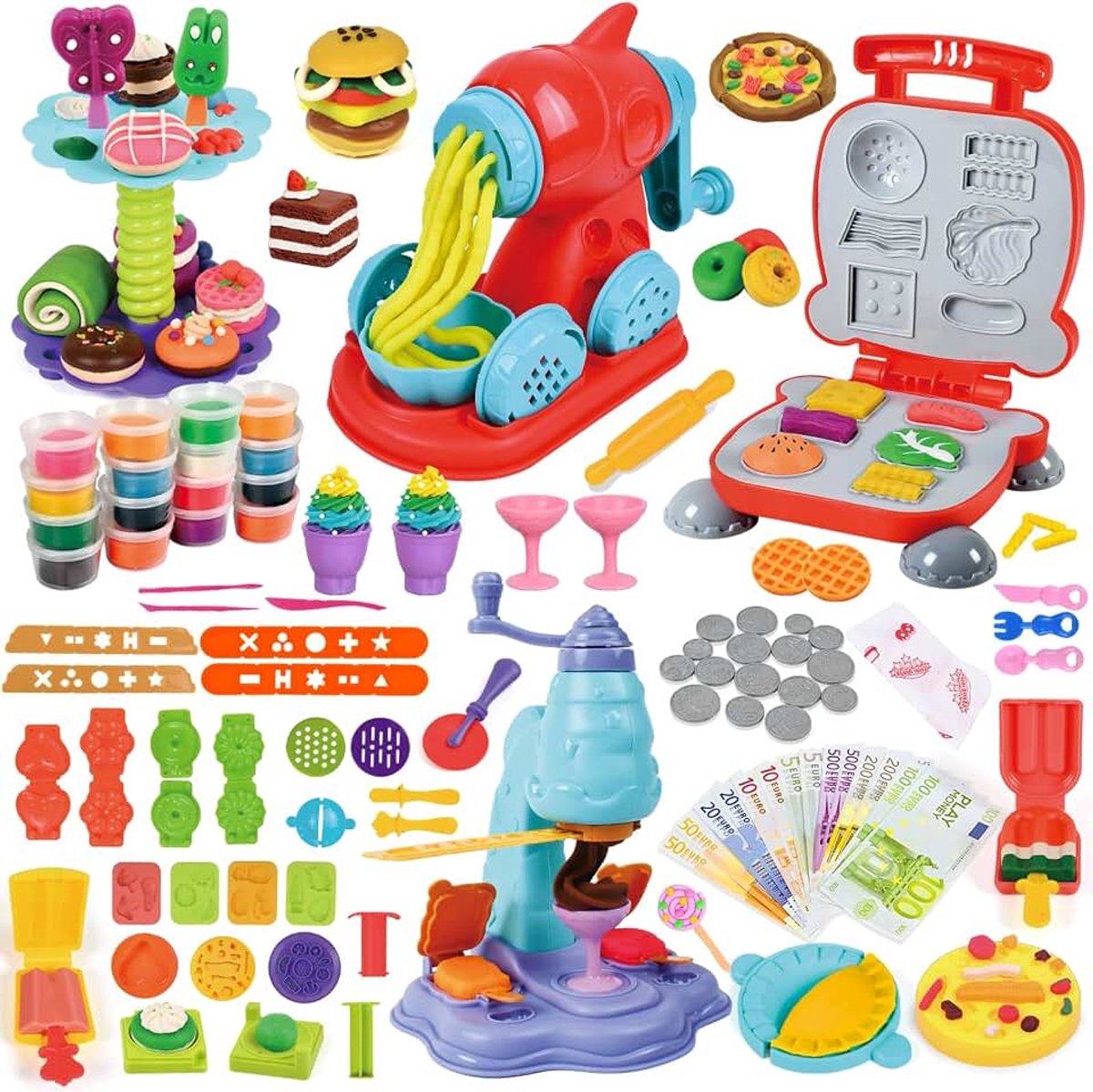Kleideegset, kleiaccessoires voor kinderen, klei-accessoires, ijsmachine, pastamachine, hamburgermachine, speelgoedkeuken, speelkassa, speelgeld, met 18 blikjes klei, speelgoed