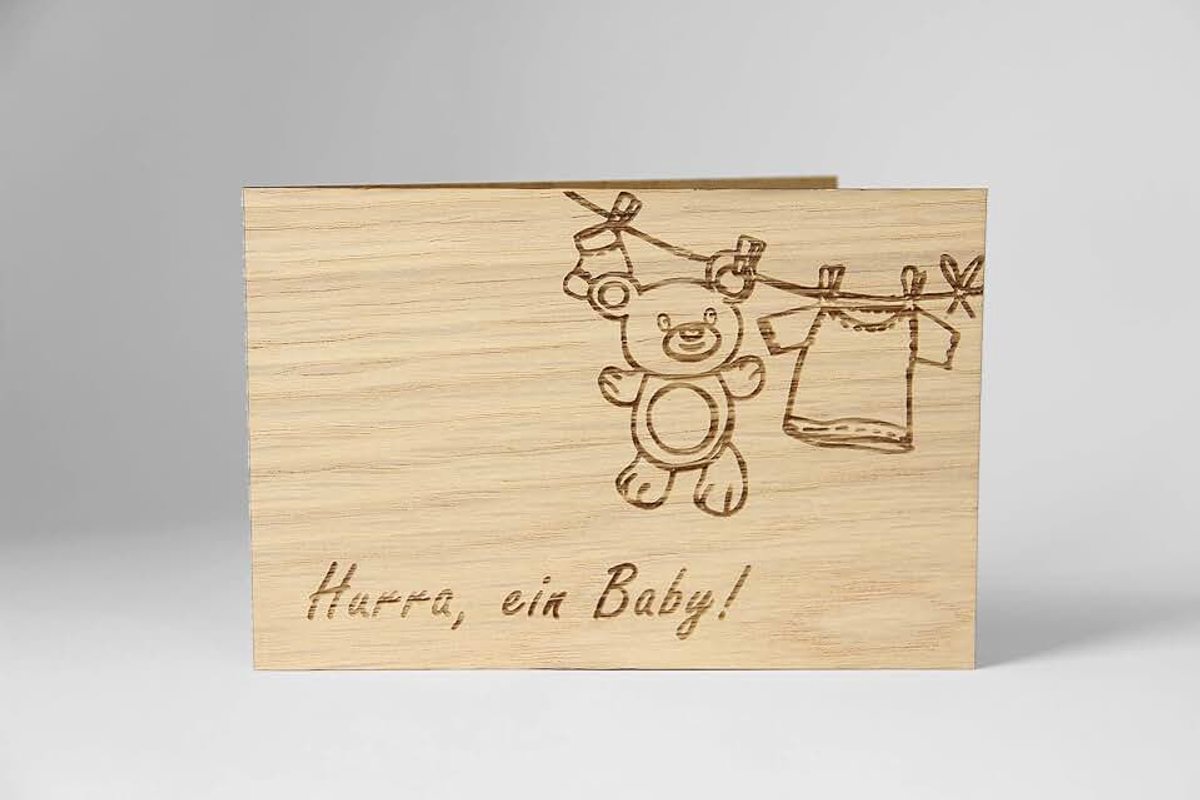 Felicitatie voor de geboorte - 100% handgemaakt in Oostenrijk, van eikenhout gemaakte cadeaubon voor de geboorte, wenskaart, vouwkaart, ansichtkaart, doopkaart, baby