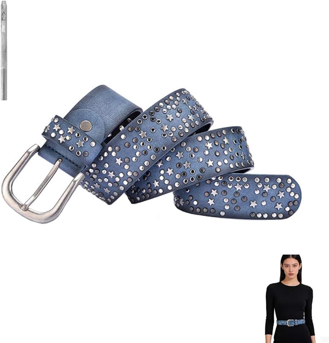 Riem dames 110 cm ster lederen riem punk vintage breedte 3,8 cm riem met klinknagels in verschillende kleuren, in te korten, uniseks voor jeans, broeken en shorts