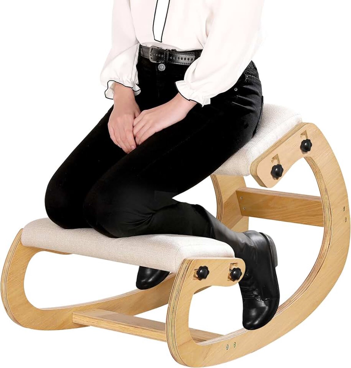 Ergonomische kniestoel voor rechte houding, kniekruk voor thuis, kantoor en meditatie, hout en linnen kussen (wit eiken)