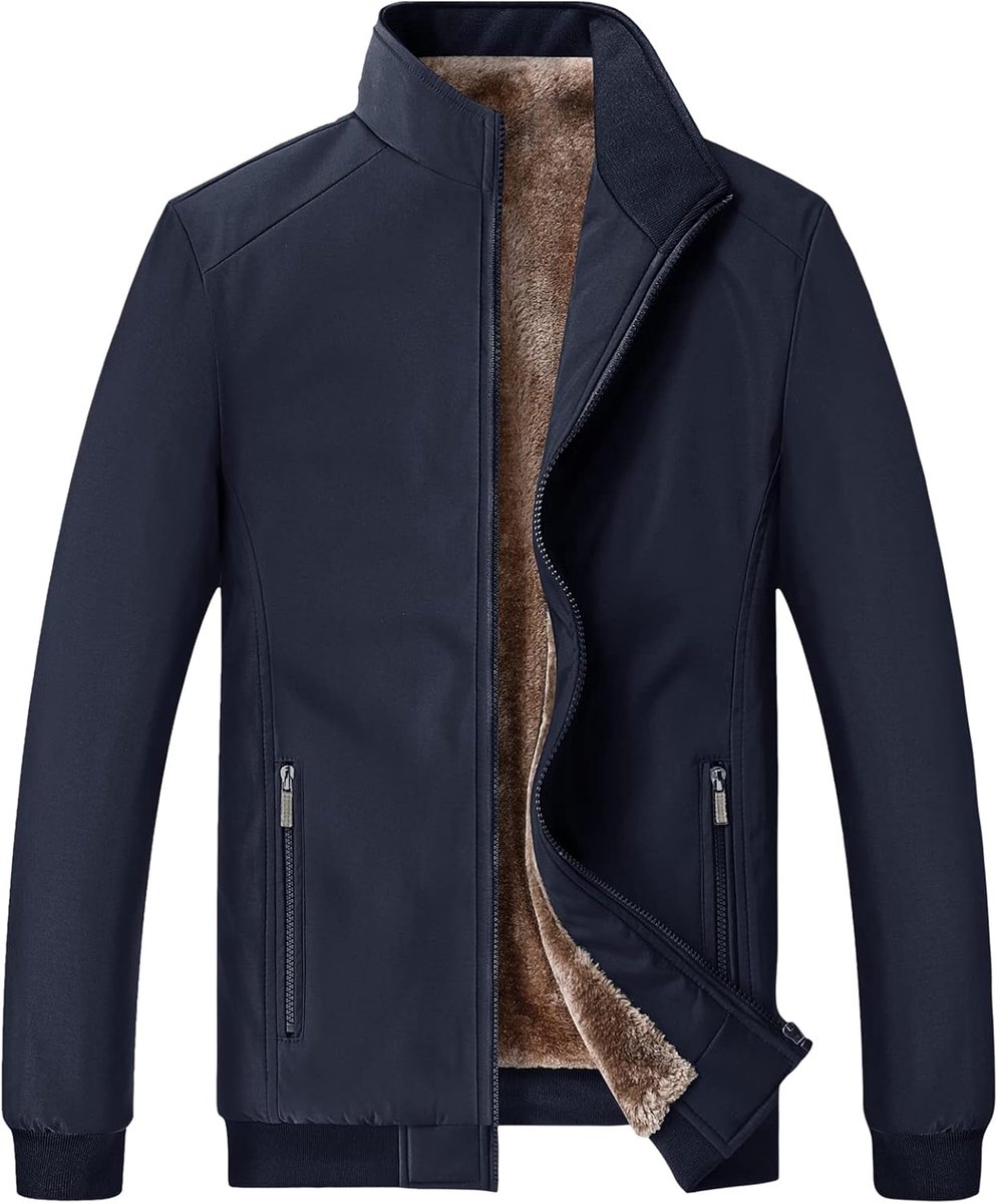 Winter Fleece Jassen Warme Stand Kraag Volledige Zip Fluffy Jassen met Rits Zakken (S-4XL), Donkerblauw, XL