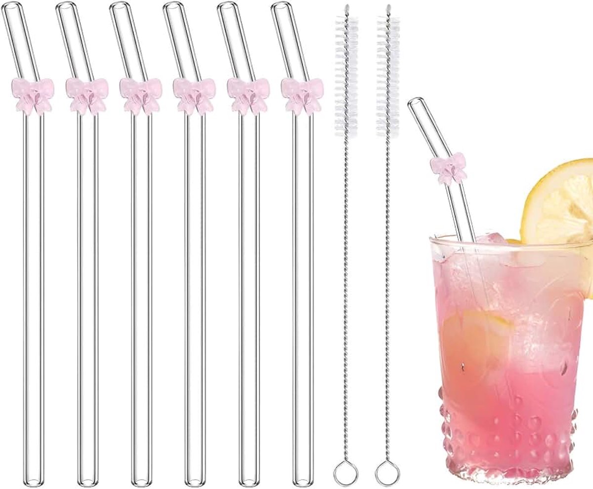 6 stuks glazen rietjes, splinterbestendig met schattige vlinderdas, Roze herbruikbaar rietje, vaatwasmachinebestendig met 2 reinigingsborstels voor, sap, zomerstrand, verjaardagsfeestje