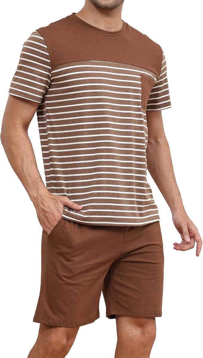 Korte Pyjama Gemaakt van Katoen Contrasterend Streepontwerp Zomer Pyjama Heren Ronde Hals Korte Mouw Top en Pyjamabroek met Zak Nachtkleding Huispak Nachtkleding