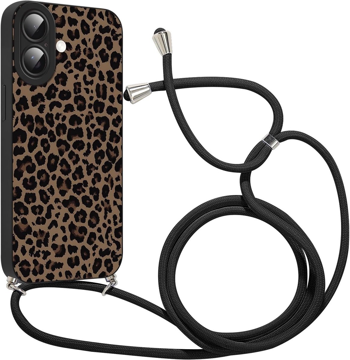 Beschermhoesje met koord voor iPhone 16 6,1 inch (15,5 cm), zachte TPU-siliconen, luipaardpatroon, zwart, met verstelbare hanger, halsband, ketting, koord, cover case en motief, 10