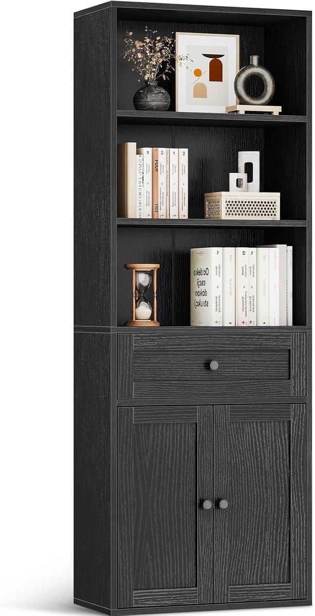 5-laags boekenkast met deuren en kast, Vloerstaande display-opbergplank, Hoge boekenkast met lades voor Huis, Kantoor, Woonkamer, Slaapkamer, Zwart, 48 x 24 x 164.2