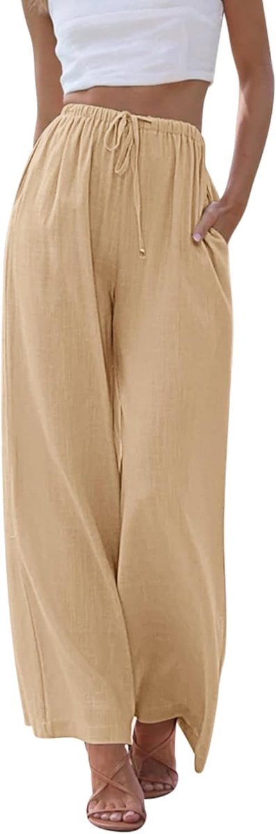 Linnen damesbroek, zomer, brede pijpen, strandbroek met elastische taillezakken, vloeiende palazzobroek, casual lichtgewicht loungebroek voor dames