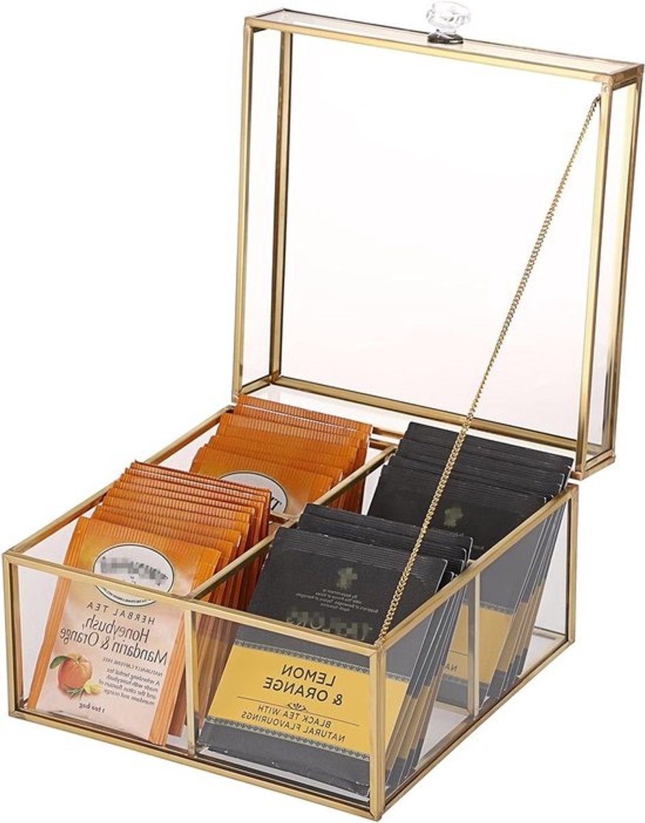 Moderne glazen opbergdoos voor theezakjes met 4 compartimenten - decoratieve en transparante theezakjeshouder voor thee, koffie en sieradenopslag