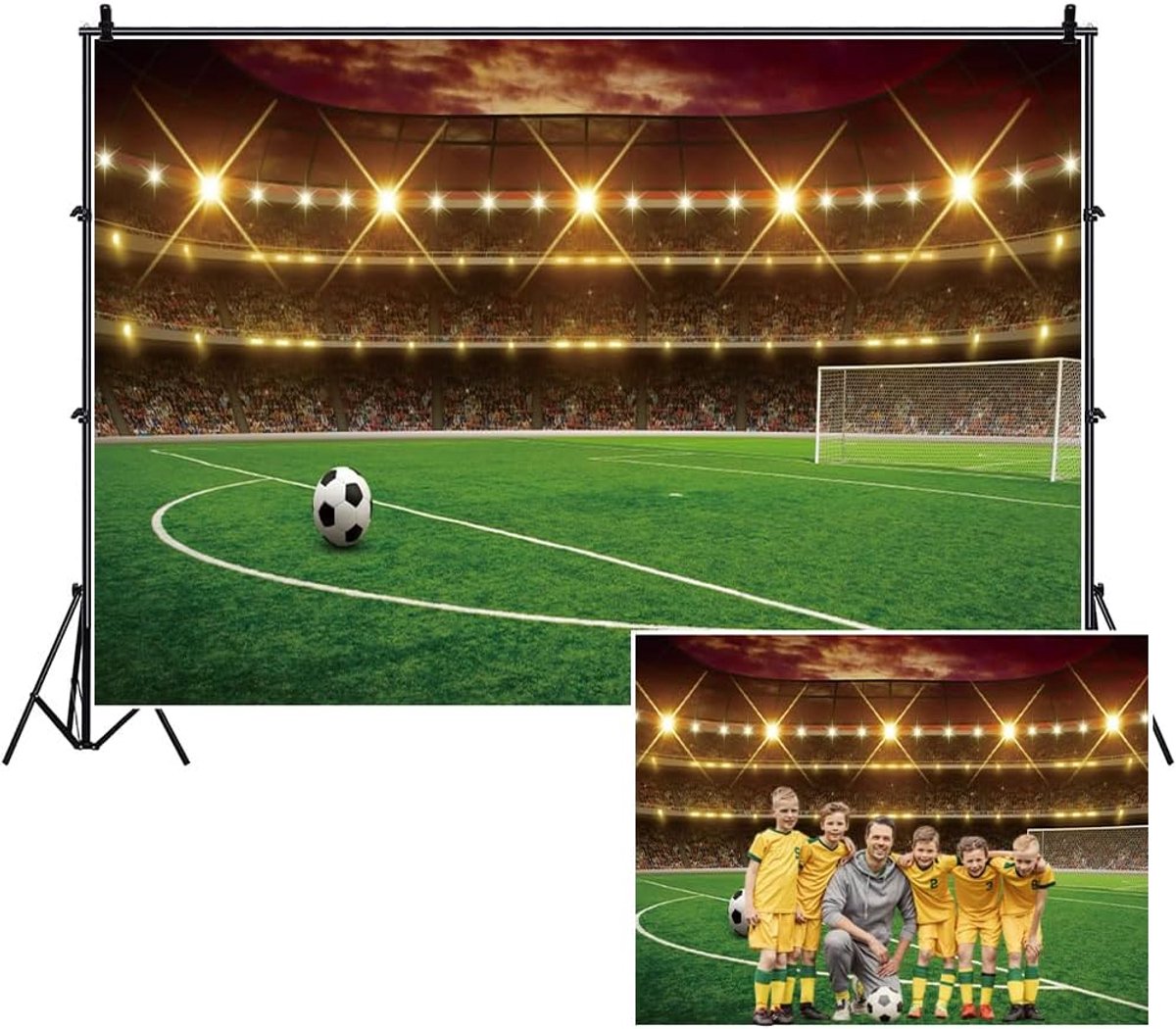 8x6ft Voetbal Stadion Polyester Achtergrond Sport Game Party Sport Verjaardagsfeestje Achtergrond Groen Glas Voetbal Veld Spotlight Lichten Kinderen Volwassen Sportclub Fotostudio Rekwisieten