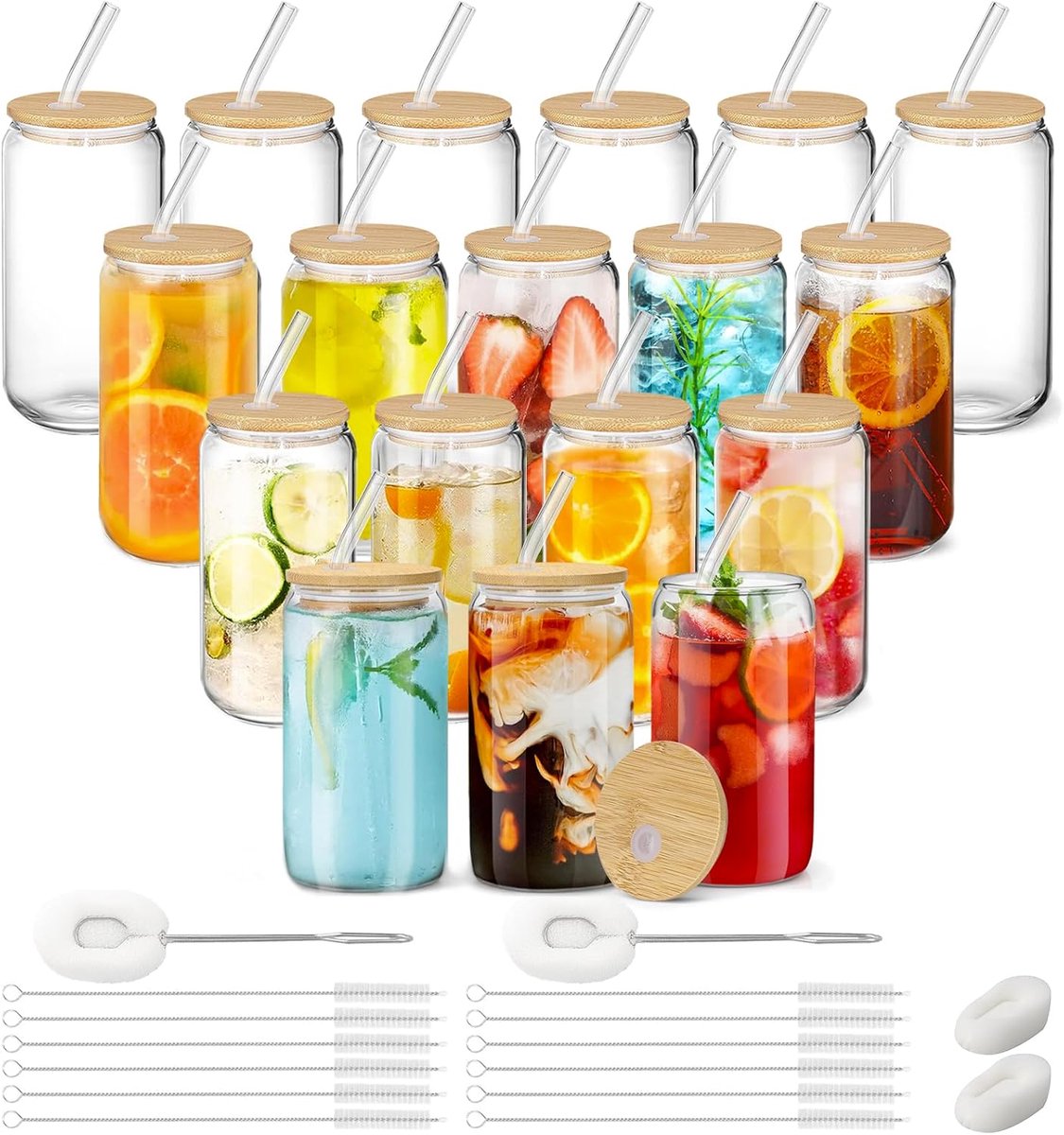 Glasses Cups,Drinkglazen met rietjes en Deksel, 12 bierblikjes, ijskoffie, doorzichtige bekers voor cocktails, whisky, cola, sap, frisdrank, thee, water, cadeauset