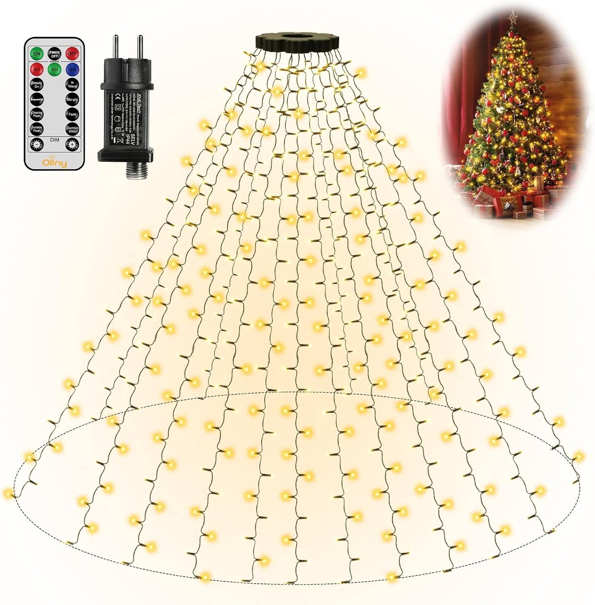 Lange Kerstboomverlichting met 400 LED Lampjes, 2.5 m, Warm Wit, Geschikt voor 150-240 cm Bomen, Decoratieve Slinger en Ringen