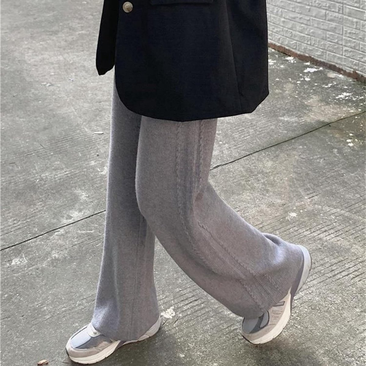 Gebreide Broek Met Rechte Pijpen - Herfst En Winter Dames Wijde Pijpen Broek Modieus Warm Hoge Taille Losse Grijze Verdikte Dweilbroek Casual Elegant Kerst Nieuwjaar Geschenk, Lichtgrijs, É