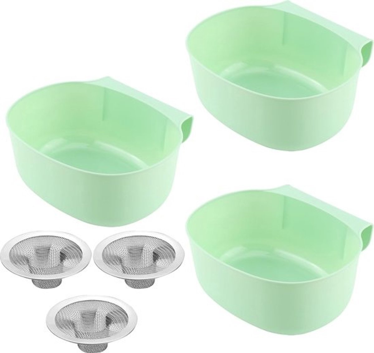 3 stuks opvangbakken voor keukenafval om op te hangen, met 3 wastafelfilters voor afvalmand voor kastdeur, kunststof, om op te hangen, groen