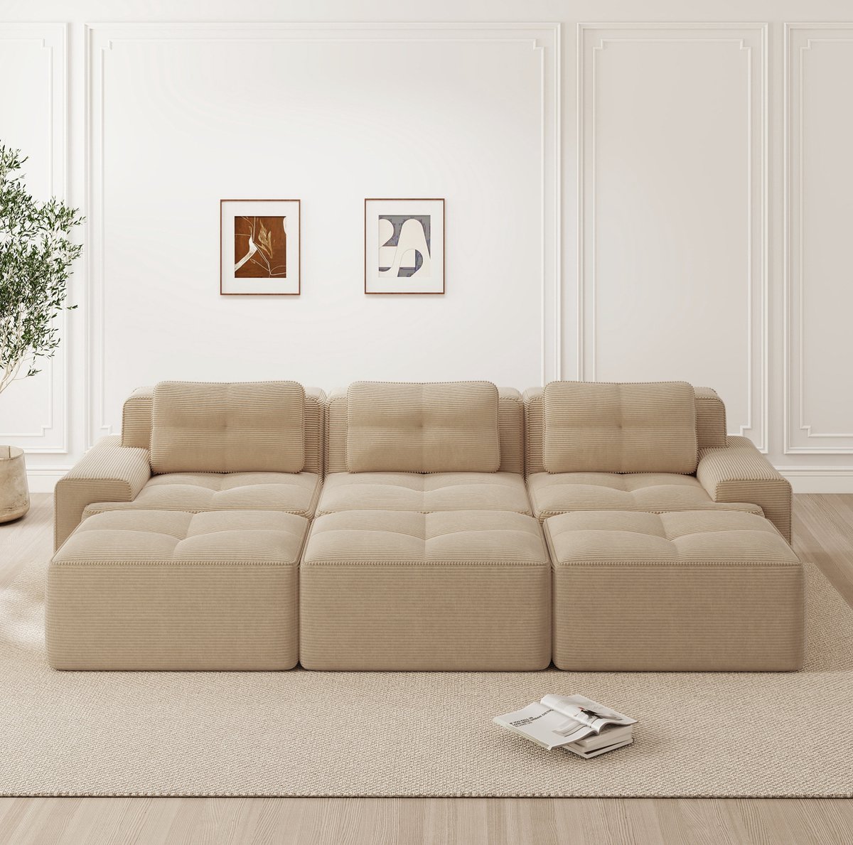 MODENUIT Hoekbank 293 x 177 cm - 3-Zits Met Slaapfunctie En 3 Hockers - Woonkamer - Ribfluweel Beige