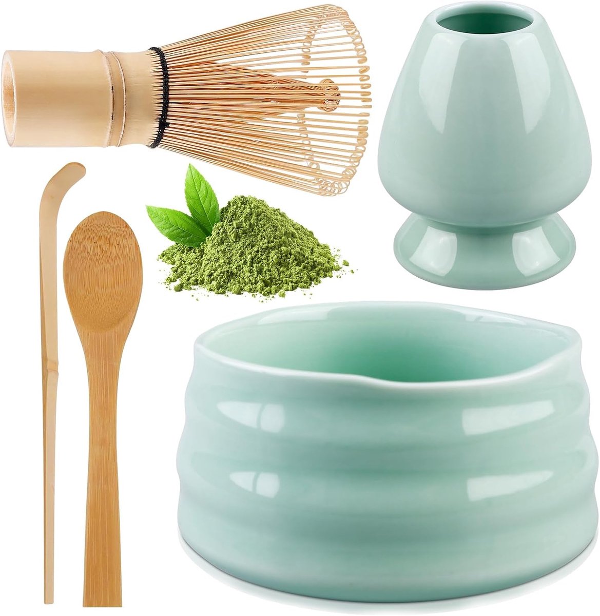 Theeset, matcha bezemset met matcha-garde, bezemhouder, matcha-schaal van keramiek, 2 theelepels, Japanse accessoires voor de matcha-ceremonie, perfecte set voor de bereiding