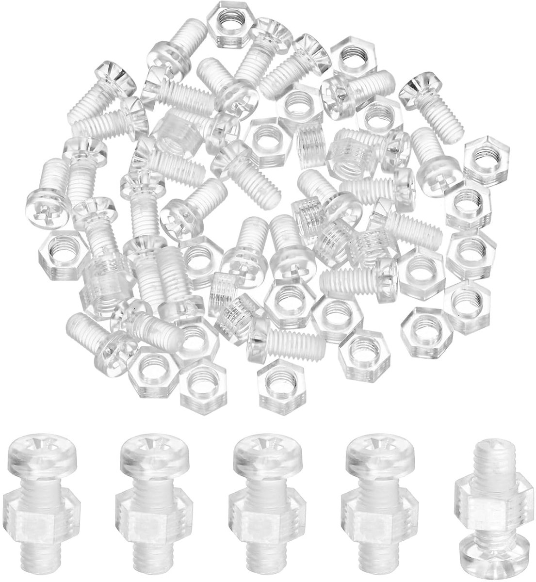 Set van 30 transparante schroeven en zeskantmoeren, M5 x 10 mm, acryl en kunststof, kruiskop, ronde kopschroeven, voor machineaccessoires