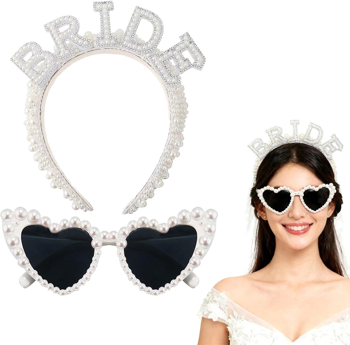Trouwaccessoireset, Bride to Be, Bride met parels, haarband, hart, zonnebril, hartbril, vrijgezellenfeest, vrouwen, bruid to be accessoires, bruid, vrijgezellenfeest, decoratie