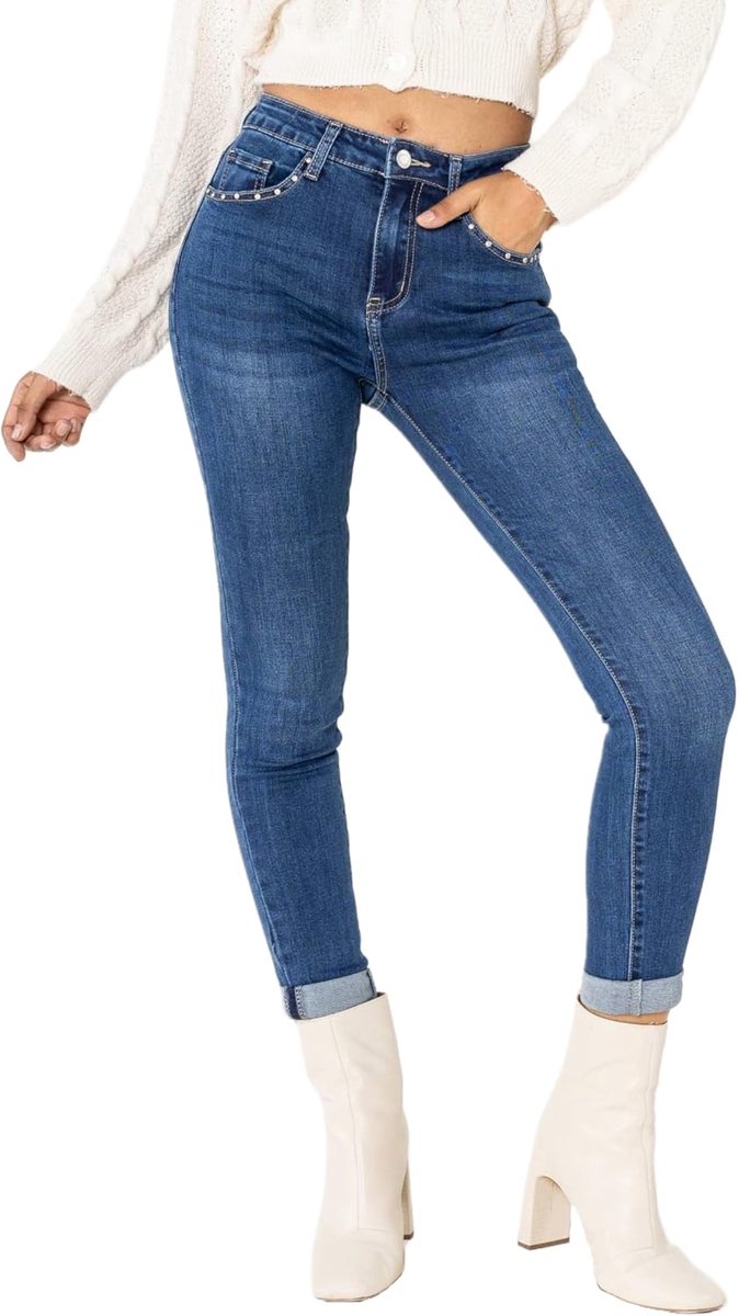 Jeans voor dames, met klinknageldetails, slim fit, stretch, jeansbroek, used look