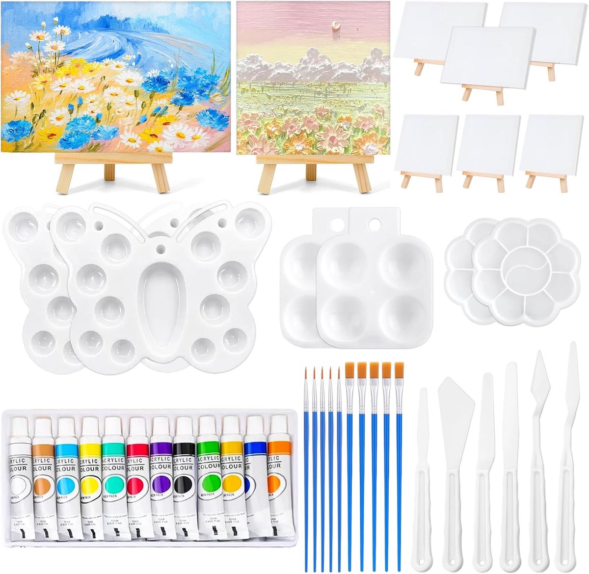 Ezelset, tafelschildersezelset met 8 canvasborden, 12 gekleurde acrylverf, 10 penselen, 6 schilderpaletten, 6 spatels, mini-schildersezel voor kinderen om te