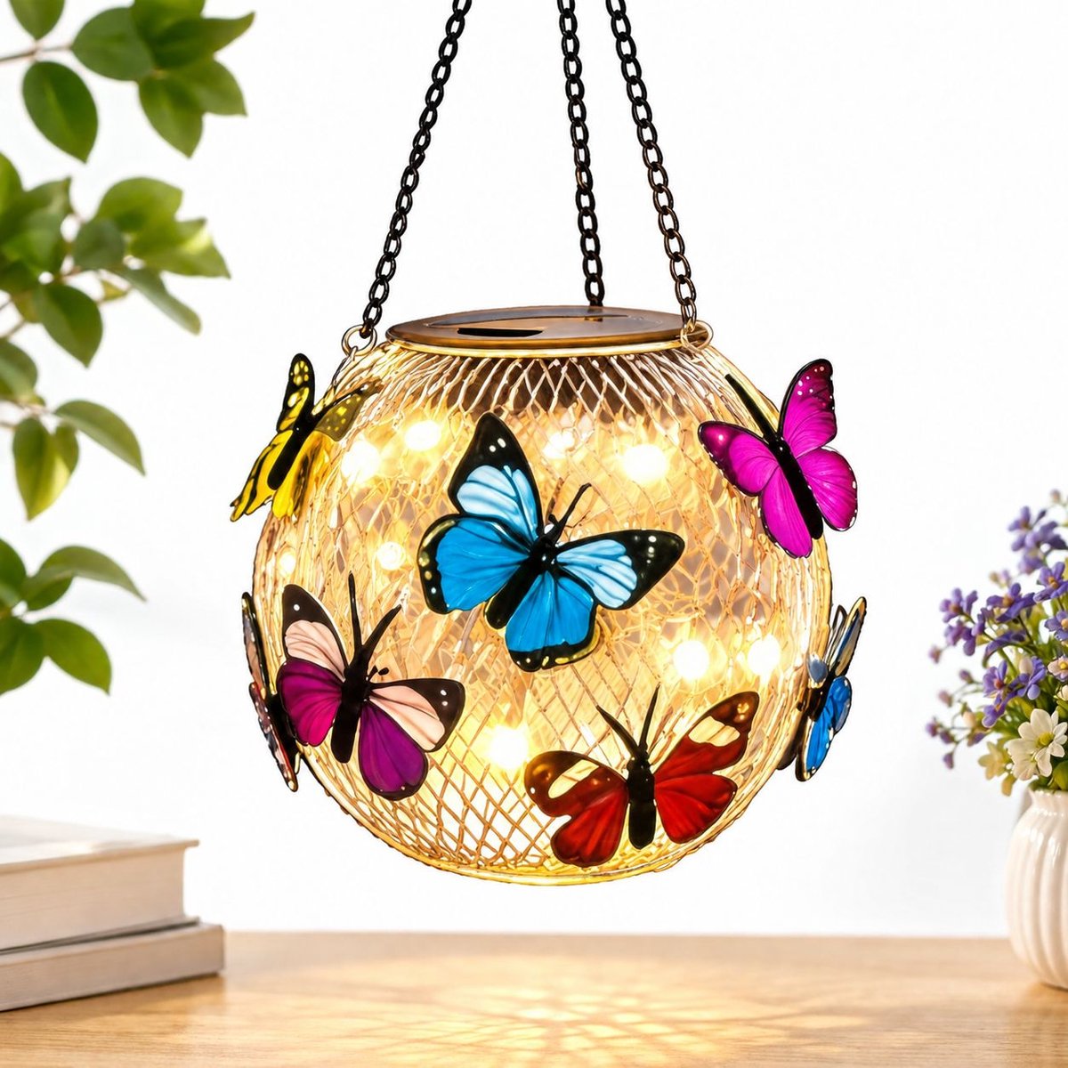 VHV - Solar Tuinverlichting - Vlindervorm - Hangend Lantaarn - 13x31,5x11.5cm - Warm licht - Energiebesparing - Waterdicht - Verlichting voor Buiten - Lantaarn Tuin - Voor Tuin, Pad & Terras