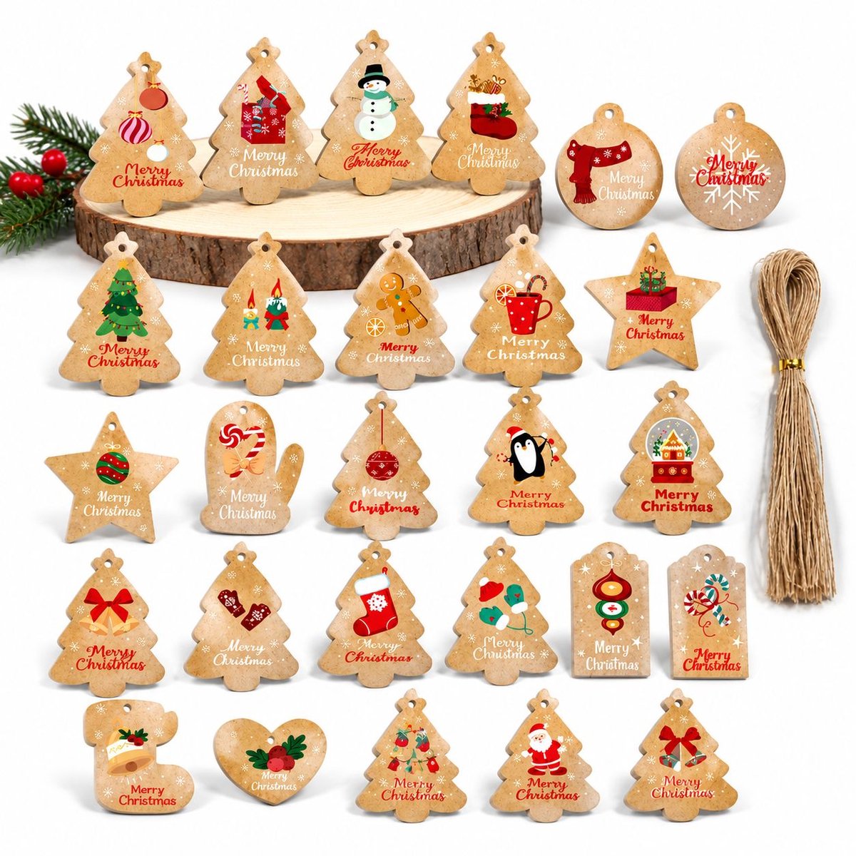 VHV - 50 stuks Kerst Cadeaulabels Kraftpapier met touw - Kerstboomversiering - Kerstdecoratie voor Binnen - Bruin - Kerstdecoratie voor Boom, Cadeaus en Huisdecoratie