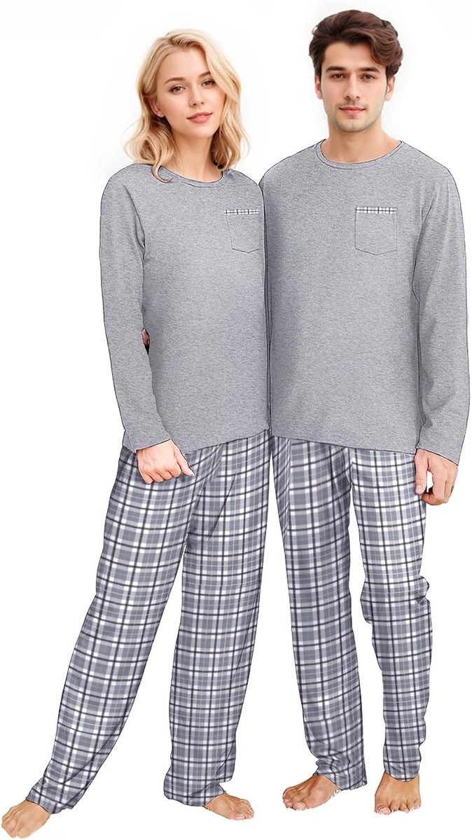 Kerstpyjama voor koppels, tweedelige pyjamaset, lang, dames en heren, briefdruk, Kerstmis, nachtkleding, huispak, loungewear, Grijze nachtkleding sets, M
