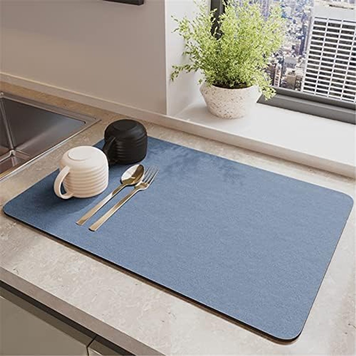 Afdroogmat voor Aanrecht, 40 x 50 cm Keuken Sneldrogende Absorberende Afdruipmat, Koffiemachine Mat Beschermer Antislip Wasbare Nanovezel Diatomeeënaarde Gootsteen Afdruipmat voor Borden Bar