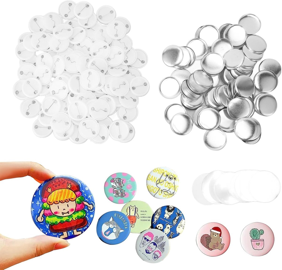 100 Sets Pin Back Button Onderdelen, Ronde Badge Button Onderdelen Metalen Button Pin Badge Kit voor Button Maker Machine, Inclusief Bovenste/onderste Badge Cover, Heldere Film(37mm)