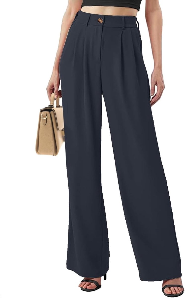 Damesbroek met hoge taille, casual broek met zakken, brede pijpen, lange broek, palazzo broek voor business, kantoor, comfortabele broek, elastisch