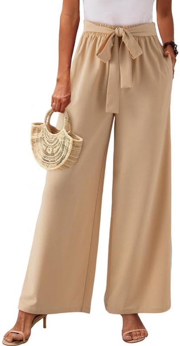 Zomerbroek voor dames, lichte linnen broek, mousseline, casual, hoge taille, palazzo broek, zomer, luchtige stoffen broek, vrijetijdsbroek met zakken, S-XXL, A beige, M