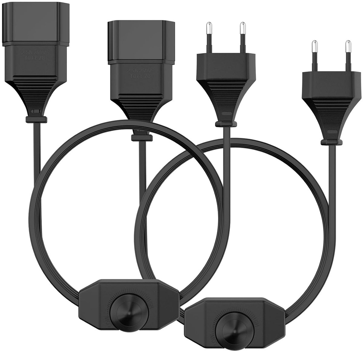 Led-dimmer met schakelaar, dimmer stopcontact, dimmer voor ledlampen, verlengkabel, stopcontactdimmer, lichtschakelaar, dimbaar, geruisloze dimschakelaar voor dimbaar led, 2 m kabel, 2 stuks, zwart