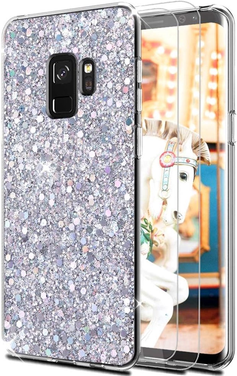 Compatibel voor Galaxy S9 hoes met HD-beschermfolie [2 stuks], bling glanzend glitter zacht TPU silicone etui cover shell beschermhoes Compatibel voor met Samsung Galaxy S9 (zilver)