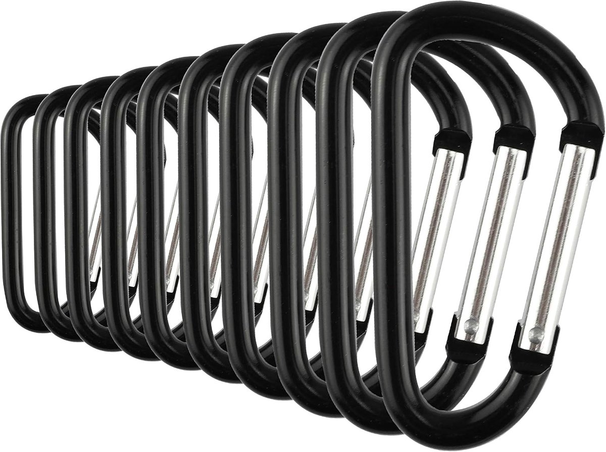 Aluminium karabijnhaken 3,8/4,8/5,8/6/7 cm clip, D-vorm karabijnhaak, set met kliksluiting voor kamperen, wandelen, reizen, sleutelhanger, zwart, 10 stuks