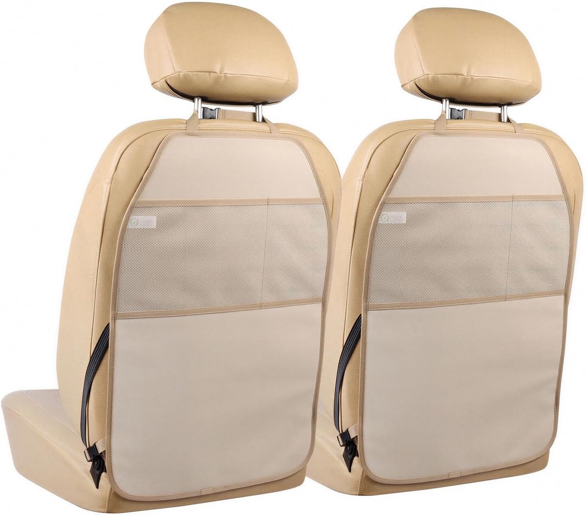 Autostoelbeschermer, grote kickmat, set van 2 duurzame, waterbestendige autostoelrughoezen met 2 gaaszakken, bescherming tegen stof, modder en krassen (beige-A, 2 stuks)
