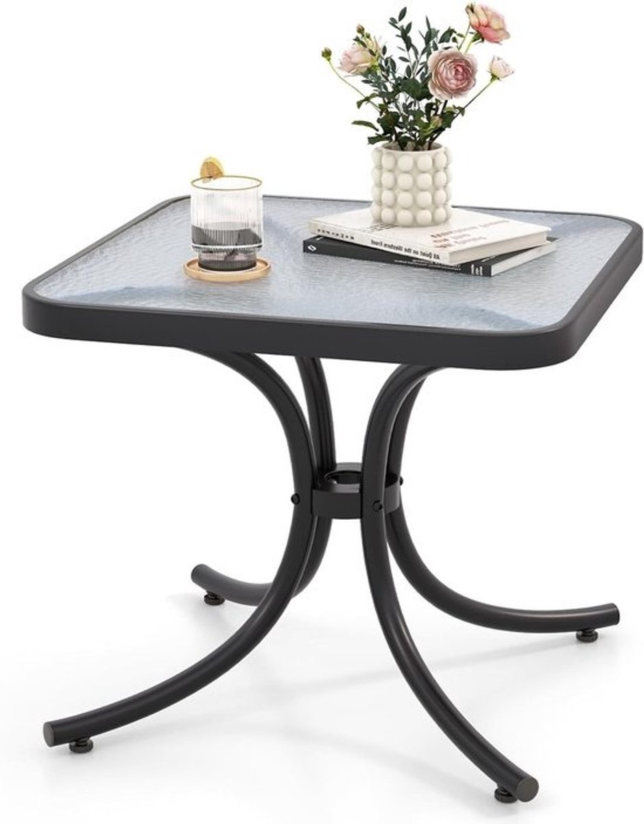 Tuinstafel van Metaal met Glazen Paneel, Weerbestendig en Compact voor Balkon, Terras en Tuin, 50 cm, Zwart