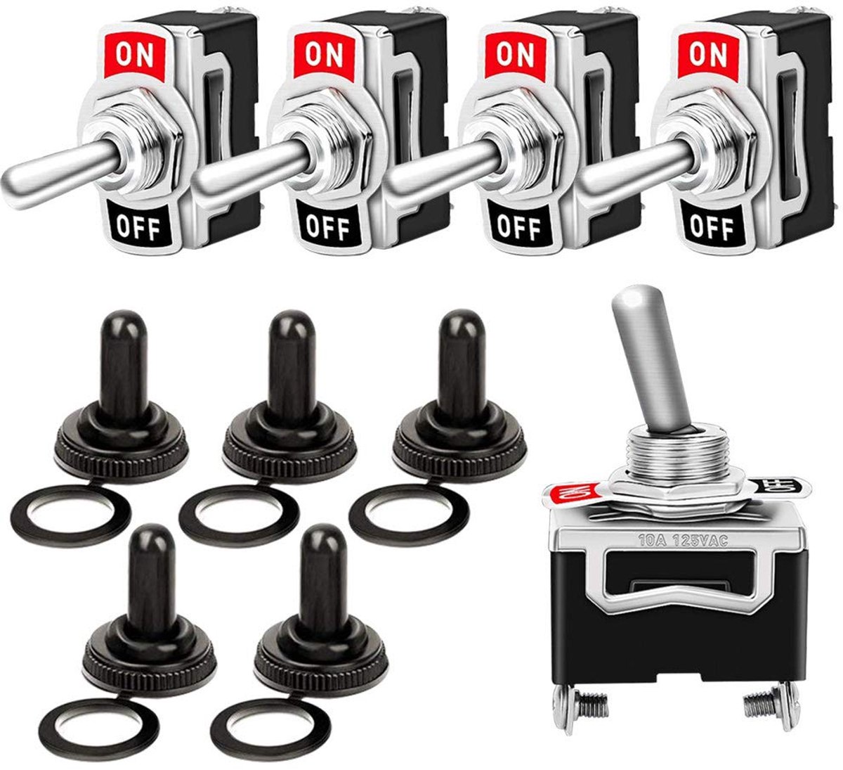 5 stuks professionele 6 A 250 V/15 A 125 V auto-tuimelschakelaars met waterdichte beschermkap, SPST 2-polig rocker tuimelschakelaar, aan/uit 2 positie tuimelschakelaar met metalen hendel