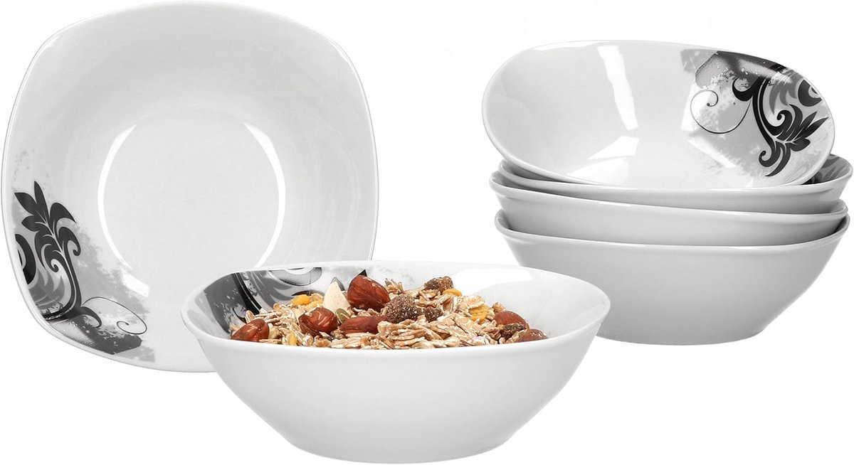 Well Black Flower Mueslikommen, set van 6 stuks, 250-350 ml, kleine schaal voor soep, salade, snacks en dessert, elegante porseleinen schaaltjes
