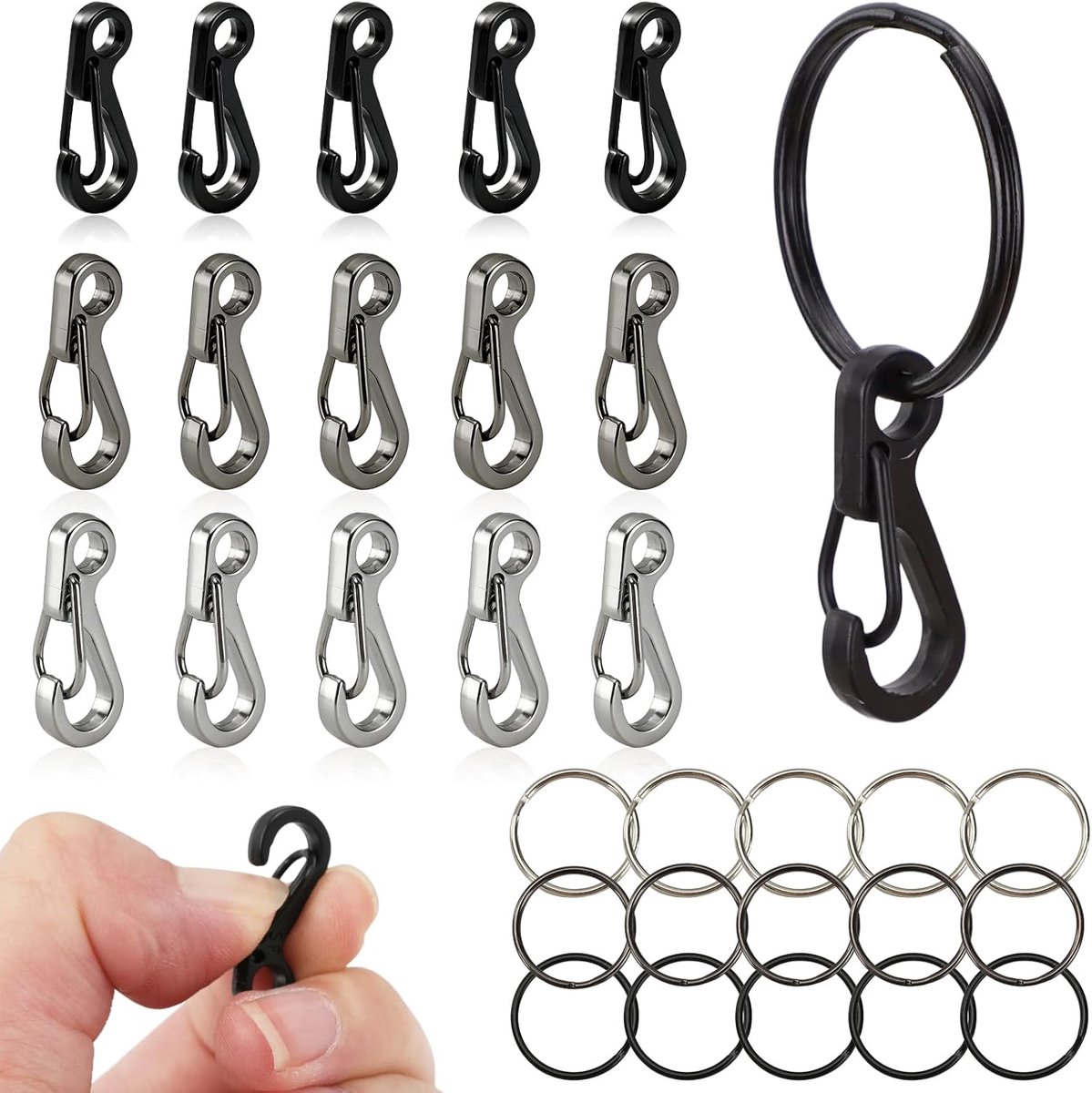 15 stuks mini-karabijnhaken, sleutelhangers, karabijnhaken, kleine karabijnhaak, met 15 sleutelringen, aluminium, lichte haken, veersluiting voor kamperen, reizen, wandelen