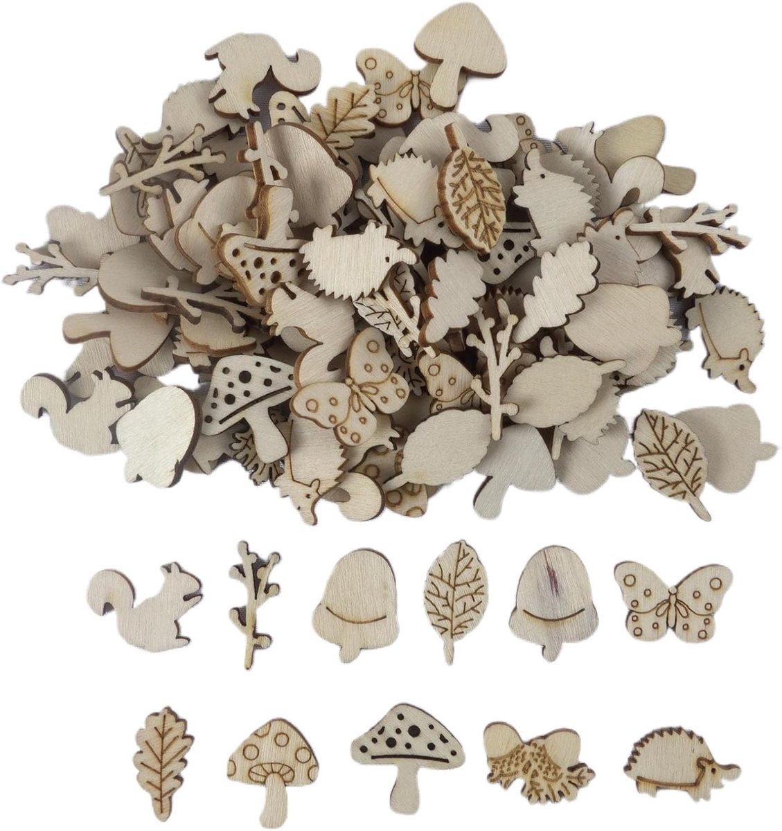 100 stuks strooidecoratie van hout, bosdieren, bladeren, takken, egel, eekhoorns, bosdecoratie, verjaardag, knutselen, tafeldecoratie, natuurlijk hout, confetti voor bruiloft, bosdieren