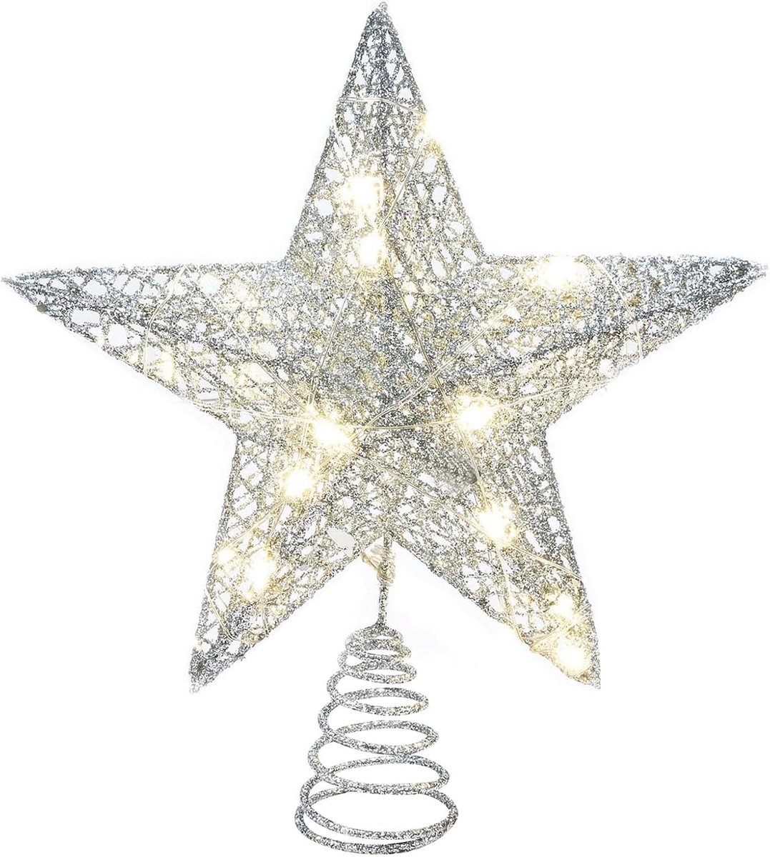 Kerstboompiek met 20 leds, 20,3 x 25,4 cm, boomkroonlicht in ijzeren design voor binnen, twee modi (licht aan/knipperen)
