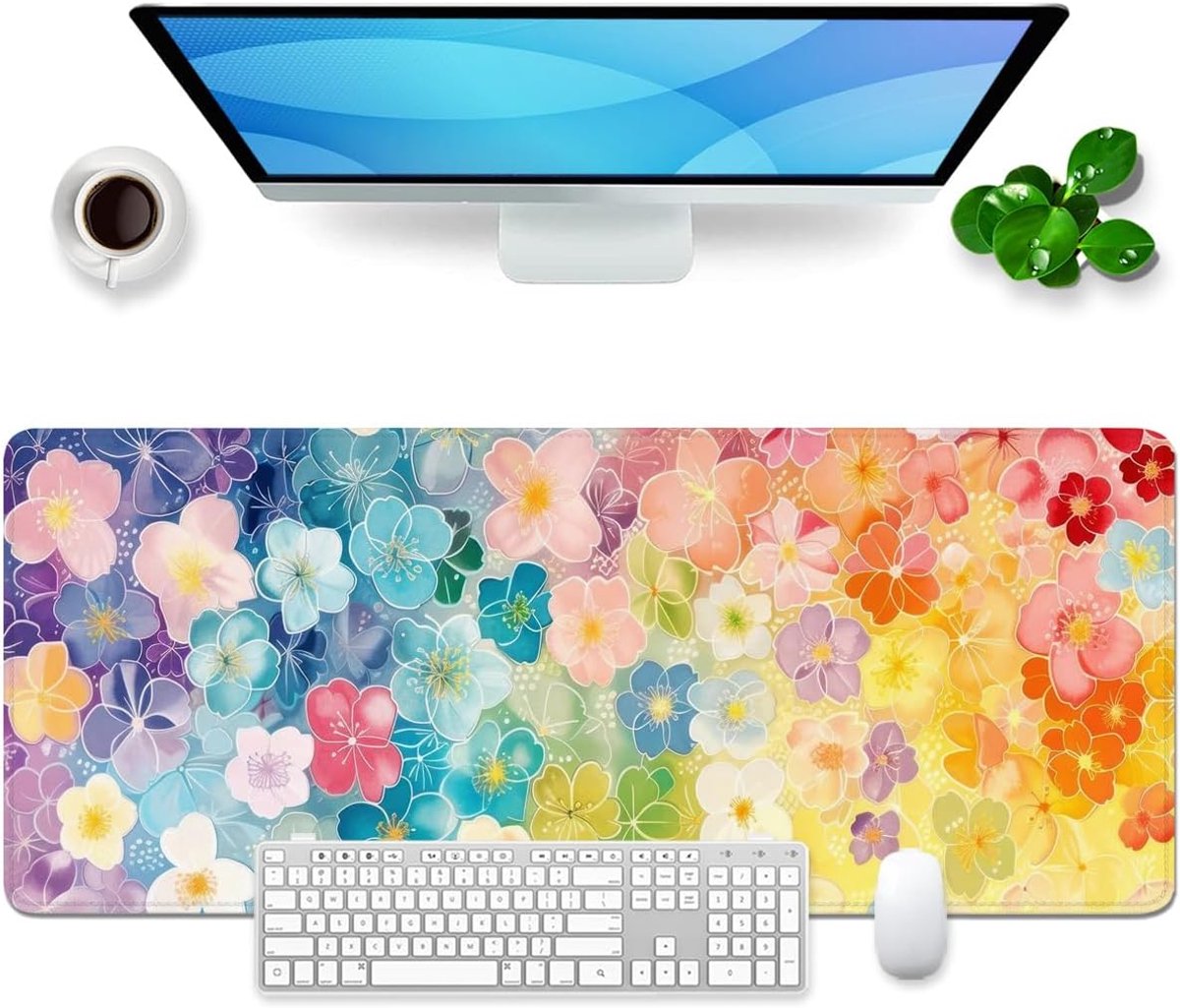 Muismat, bloem, XL, gaming muismat, geel, bureaumat, grote bureaumat voor vrouwen, kantooraccessoires, bureauonderlegger, kleurrijk, 80 x 30 cm (kleurrijke bloemen)