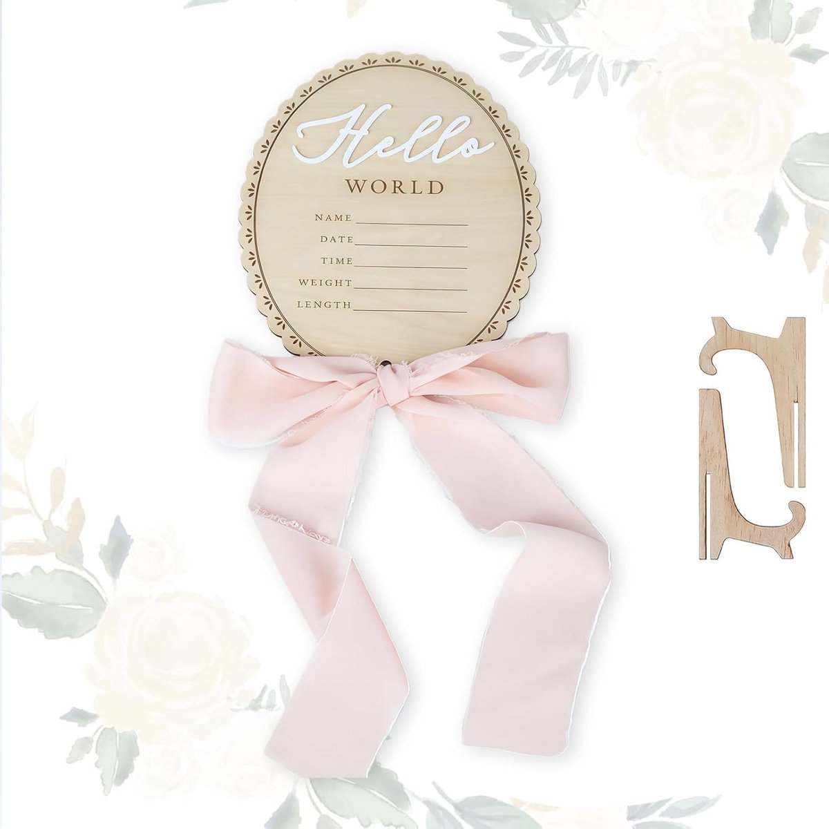 Aankondigingsbord 17 cm Hout Hallo Wereld Pasgeborene Welkom Bord Geboortenaam Plaquette Voor Fotoprops Douche Ziekenhuis Kinderkamer Lint