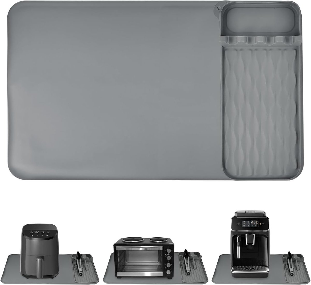 Onderlegger, 65 x 40 cm, hittebeschermingsmat voor luchtfriteuse met keukenaccessoires, opbergmat, koffievolautomaat onderlegger, werkblad keukenbescherming, antislip (grijs)