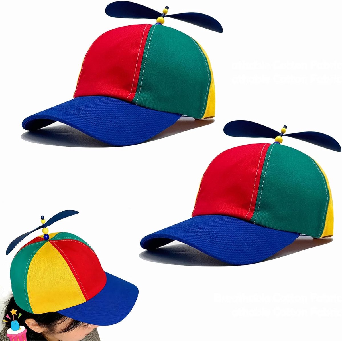 2 stuks grappige propellerpet, propeller-pet met propeller, helikopterpet, kleurrijke propeller-muts, in grootte verstelbaar, voor volwassenen en kinderen, voor feestjes, festivals, comedy